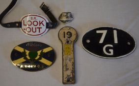 Various railway signs including a BR 'Look Out',