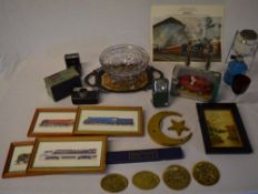 Various brasses, framed prints of locomotives,