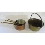 3 heavy copper pans & a brass jam pan