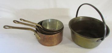 3 heavy copper pans & a brass jam pan