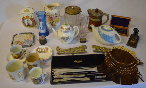 Various ceramics including commemorative ware, Mary Gregory style vase,