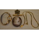 Gold tone Napier necklace, Oris Super gold plated wristwatch, gold plated tie clip,
