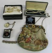 Selection of costume jewellery and tapestry style handbag