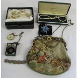 Selection of costume jewellery and tapestry style handbag