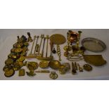 Various brassware including local horse brasses, crumb tray and brush, bullet casings,