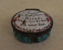 Enamel patch box with motto 'Accept this trifle from a friend,