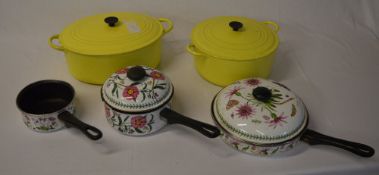 2 vintage Le Creuset yellow pans and 3 Portmeirion pans