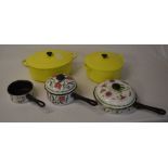 2 vintage Le Creuset yellow pans and 3 Portmeirion pans