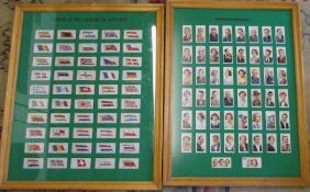2 framed double sided cigarette cards consisting of flags and radio celebrities