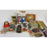 Various items inc child's tea set, Cunard White Star jigsaw puzzle, playing cards, dolls,