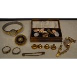 Various rolled gold / gold plated jewellery including rings, brooch,