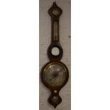 19th century banjo wall barometer with silvered dial, thermometer, onion top and small mirror,