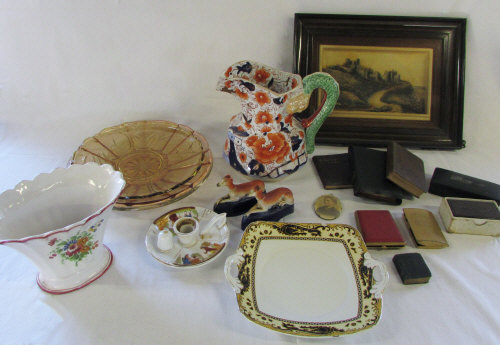 Assorted ceramics inc Staffordshire greyhounds (1 af) and Ironstone jug, glassware, plaque,