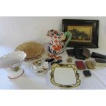 Assorted ceramics inc Staffordshire greyhounds (1 af) and Ironstone jug, glassware, plaque,