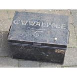 Metal deed box with ornate inscription 'C W Walpole'