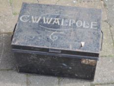 Metal deed box with ornate inscription 'C W Walpole'