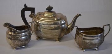 3 piece silver tea set including teapot, sugar bowl and milk jug, approx 26ozt,