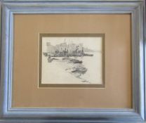 Framed pencil sketch of a dock scene,