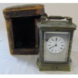 Brass carriage clock with silver face and original travelling case H 14 cm (not including handle)