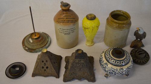 Various oil lamp bases (some broken) Jones's flagon,