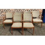 6 retro dining chairs including 2 carvers with fabric seats