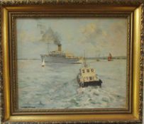 Oil on board of a shipping scene by William Eric Thorp (1901-1993) signed lower left corner 36 cm x