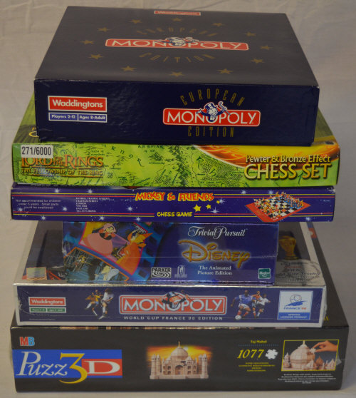 Various games including Monopoly and chess sets