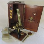 Victorian brass microscope in fitted wooden box with accessories