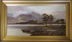 Oil on canvas of a Highland loch and castle scene with boat and sheep in foreground by Sidney Yates