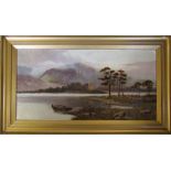 Oil on canvas of a Highland loch and castle scene with boat and sheep in foreground by Sidney Yates