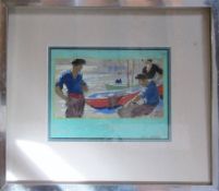 Watercolour of fisherman with their boats signed Ellis Silas 40 cm x 35 cm