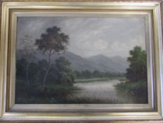 Large oil on canvas of a river scene 95 cm x 68.