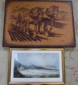 Pyrography picture of shire horses & a print of Scarborough