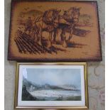 Pyrography picture of shire horses & a print of Scarborough