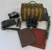 Various items inc sewing box and needles, binoculars,