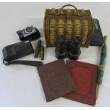 Various items inc sewing box and needles, binoculars,