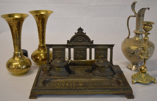 Ink stand, 2 brass vases, white metal jug,