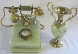Onyx and brass vintage telephone & Italian onyx twin handled vase
