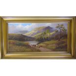 Oil on canvas of a mountainous scene with cattle in foreground by Sidney Yates Johnson (repair to