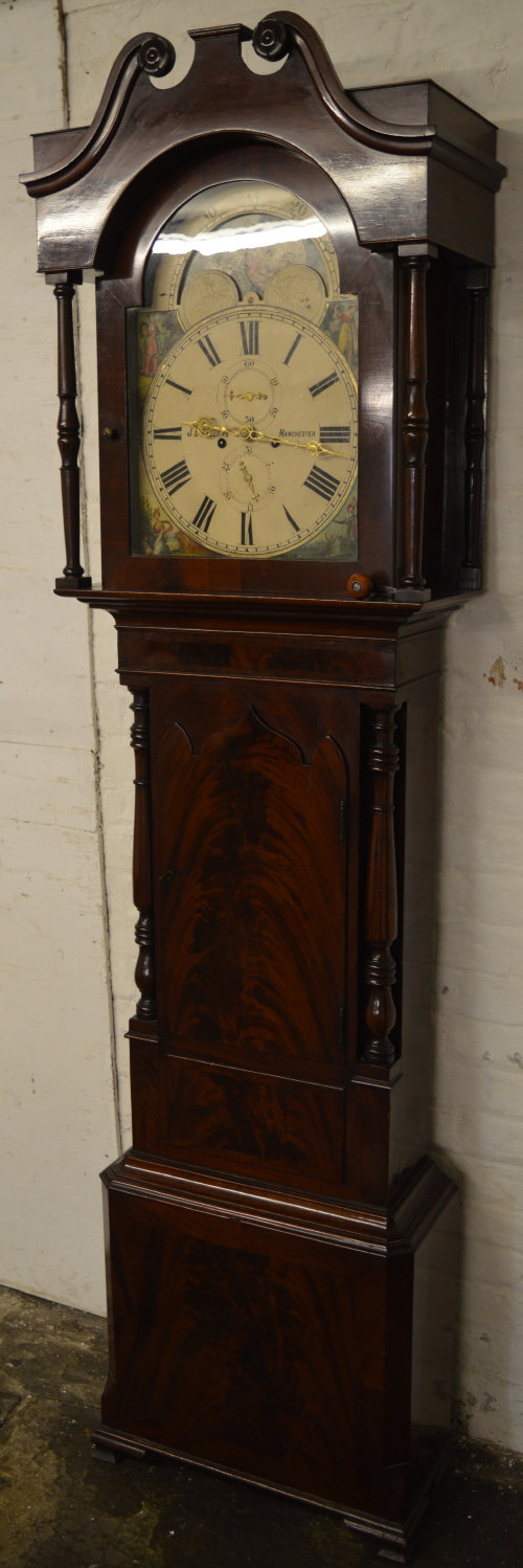 Early 19th century longcase clock with 8 day movement & moon phase lunar dial in a mahogany veneer