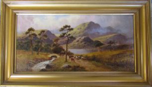 Oil on canvas of a mountainous scene with cattle and bridge in foreground by Sidney Yates Johnson