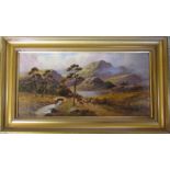 Oil on canvas of a mountainous scene with cattle and bridge in foreground by Sidney Yates Johnson