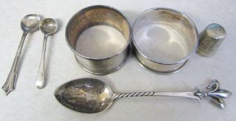 2 silver napkin rings Birmingham hallmarks, silver thimble Chester hallmark,