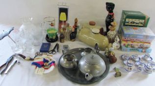 Selection of ceramics, alcoholic miniatures, glassware, vhs videos,