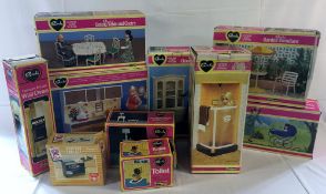 10 boxed Sindy doll accessories including dining table & chairs, wall oven, shower,