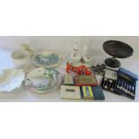 Selection of silver plate, wooden fruit bowl, Royal Doulton plates, dressing table set,