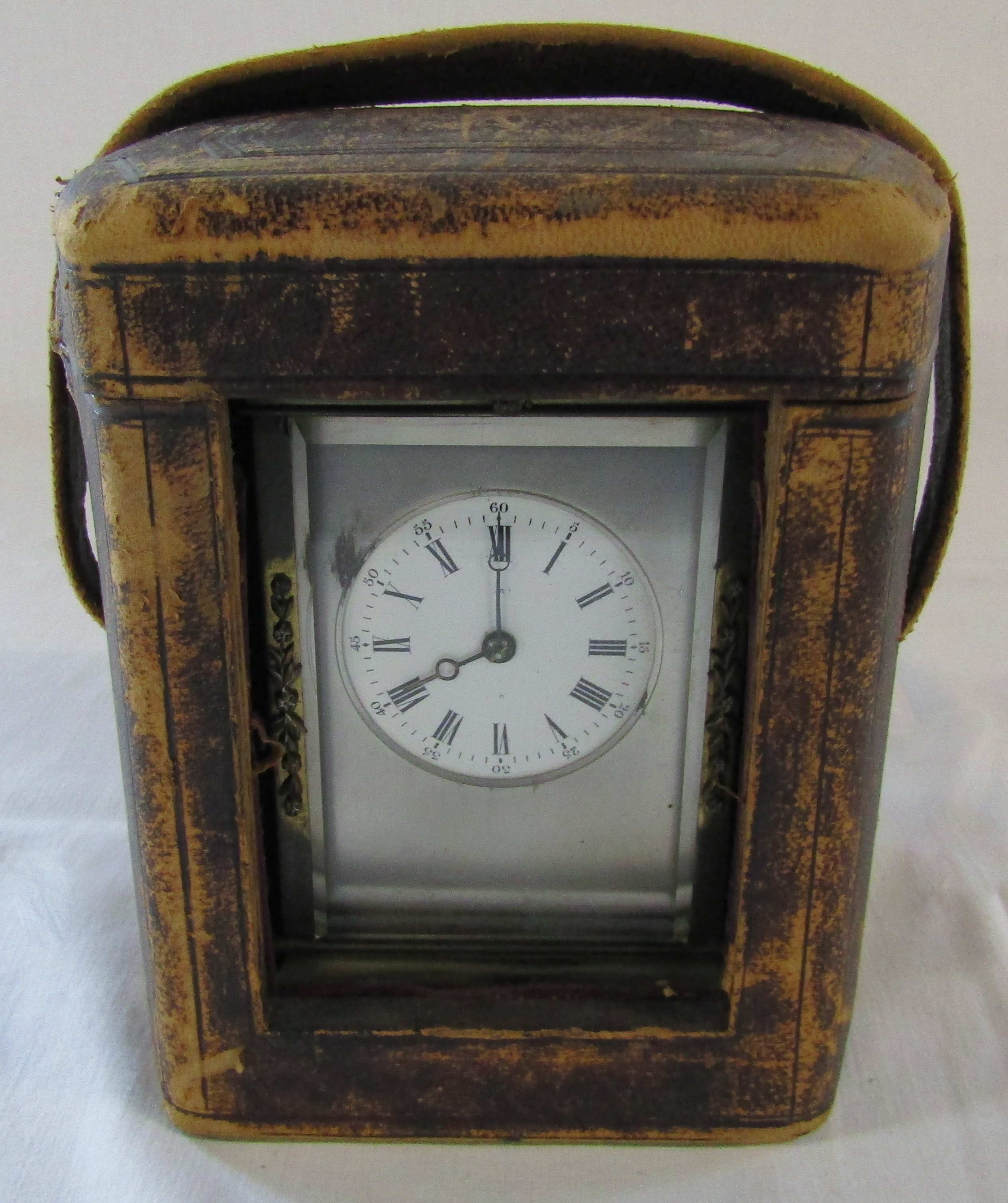 Brass carriage clock with silver face and original travelling case H 14 cm (not including handle) - Image 5 of 9