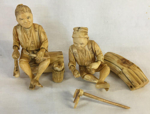 Pair of Japanese Meiji period carved ivory figures of farmers both damaged & repaired one detached - Image 2 of 2