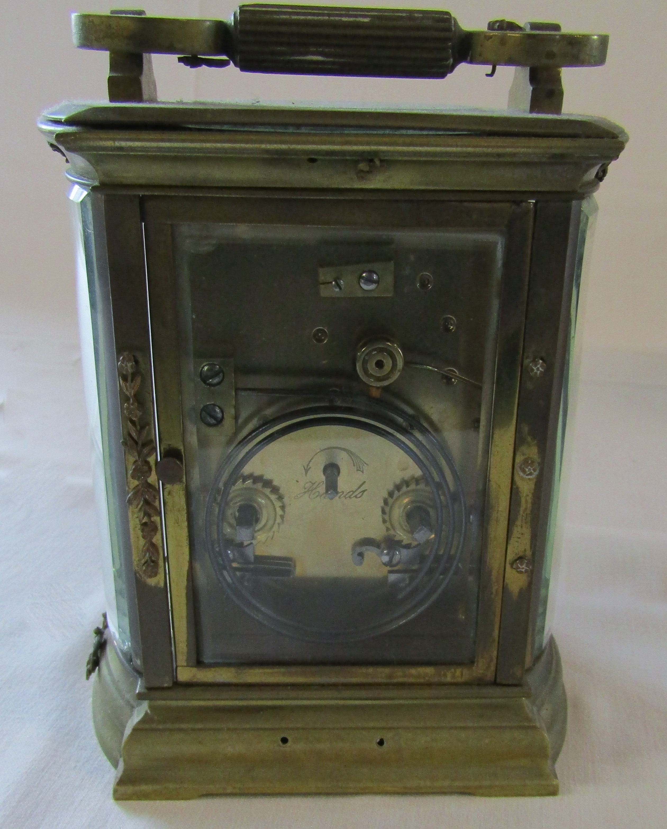 Brass carriage clock with silver face and original travelling case H 14 cm (not including handle) - Image 3 of 9