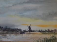 Watercolour of a landscape scene featuring a windmill by John Landrey